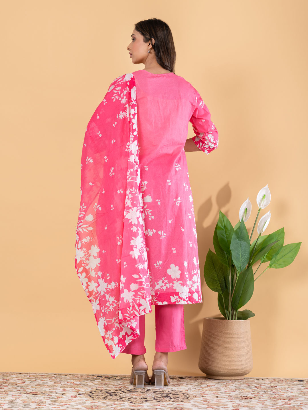 Straight style cotton pink kurta set with dupatta