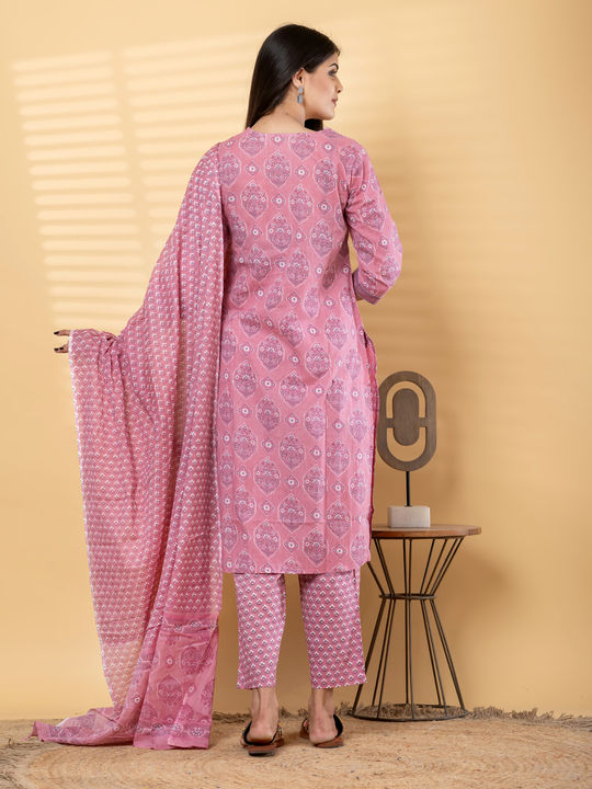 Straight style cotton kurta with dupatta (Pink)