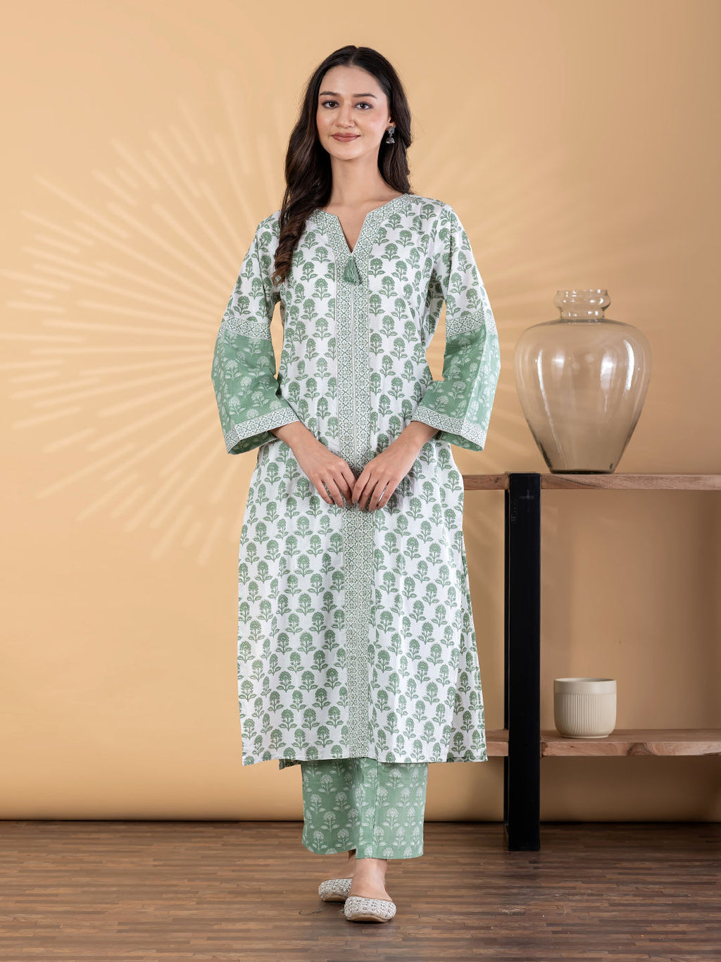 Straight style poly cotton green kurta set