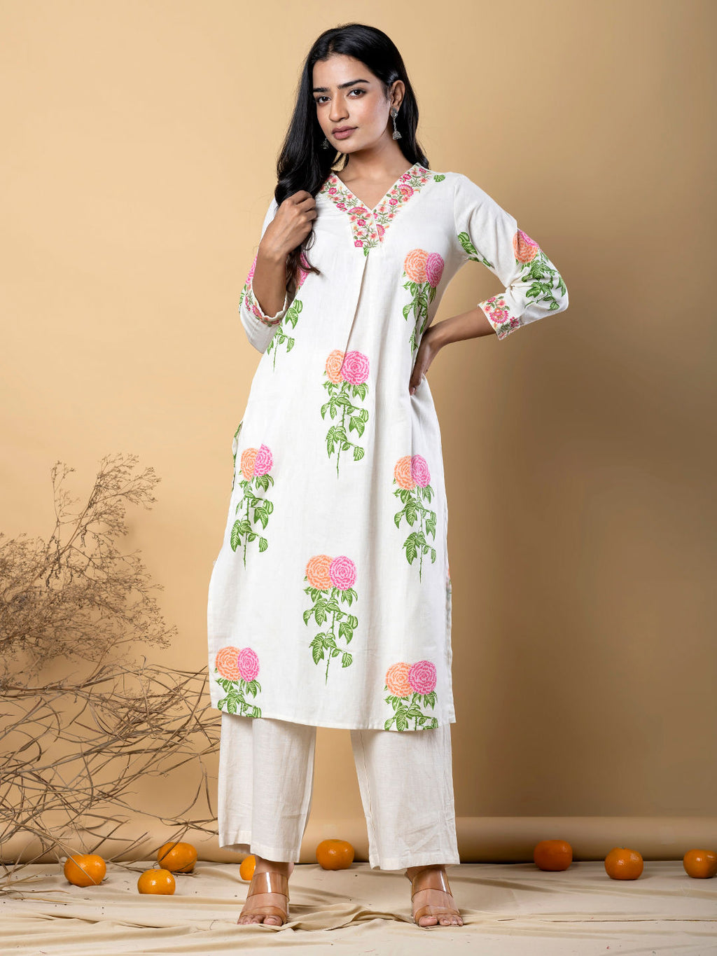 Off White Floral Kurta Set