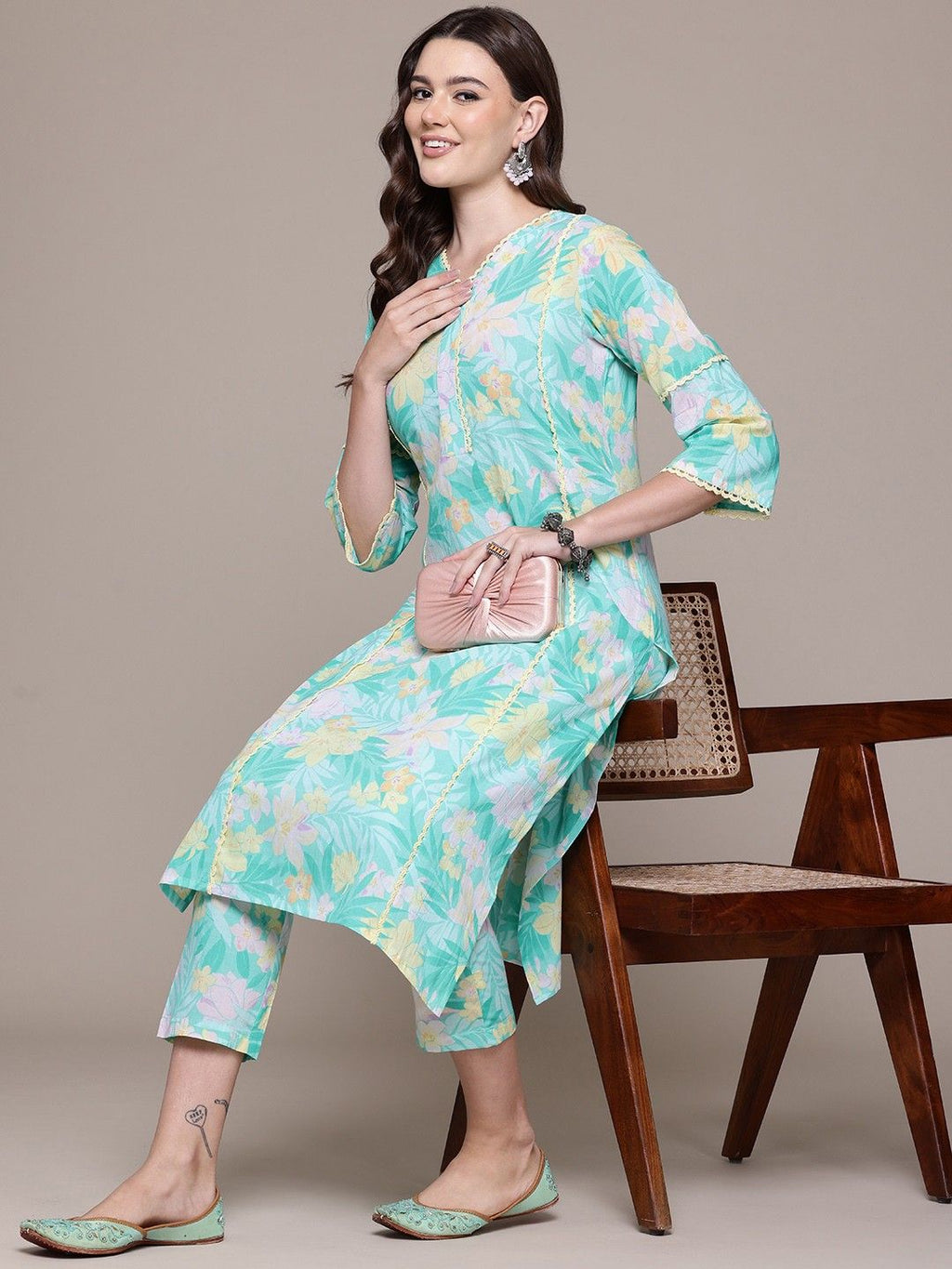Straight style cotton sea green kurta set
