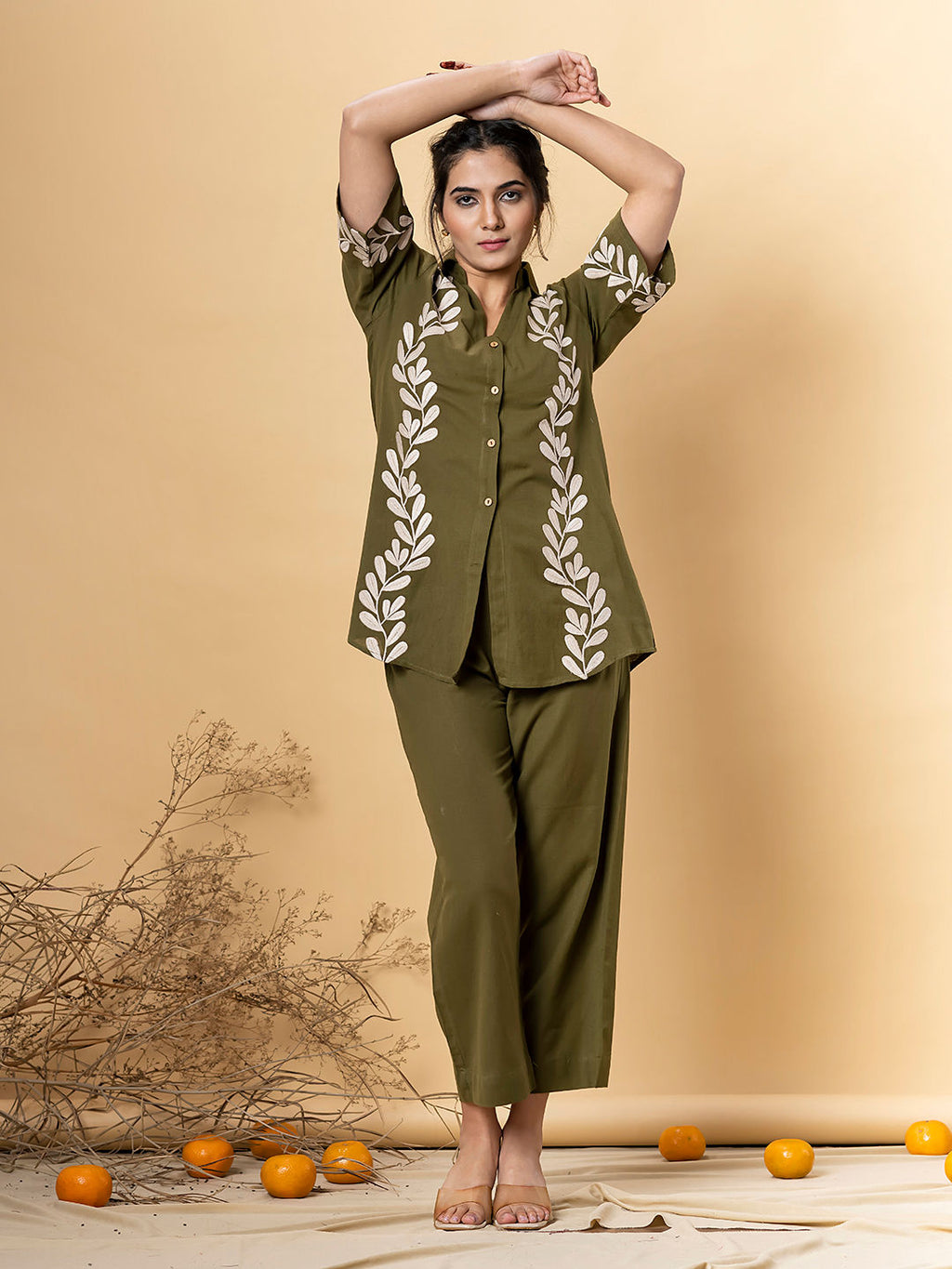 Shirt style cotton flex olive color co-ord set