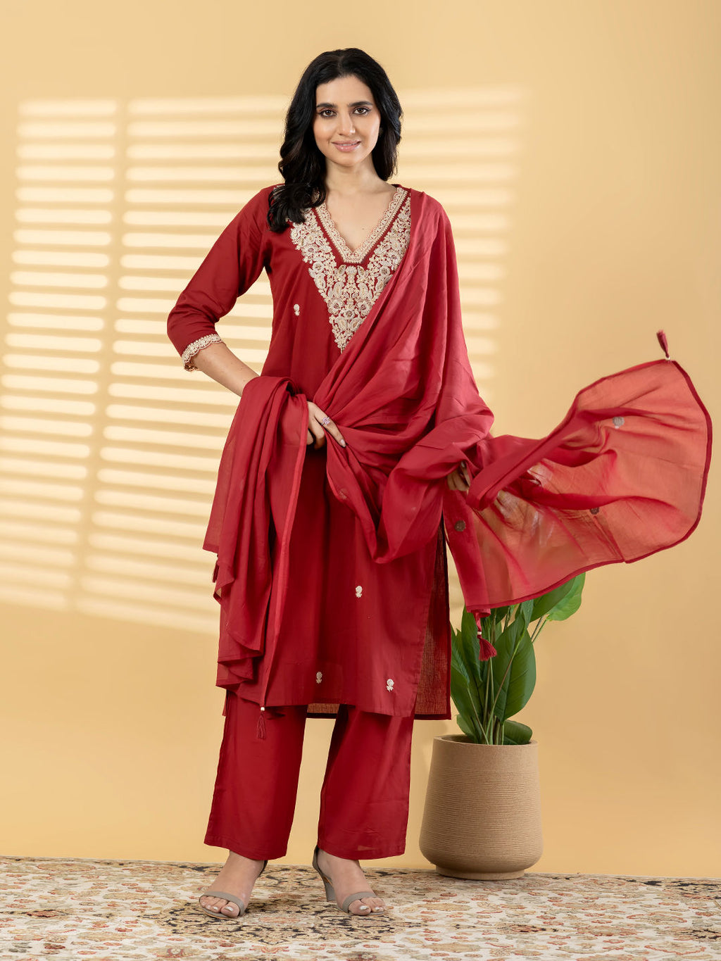 Straight style maroon kurta set with Dupatta