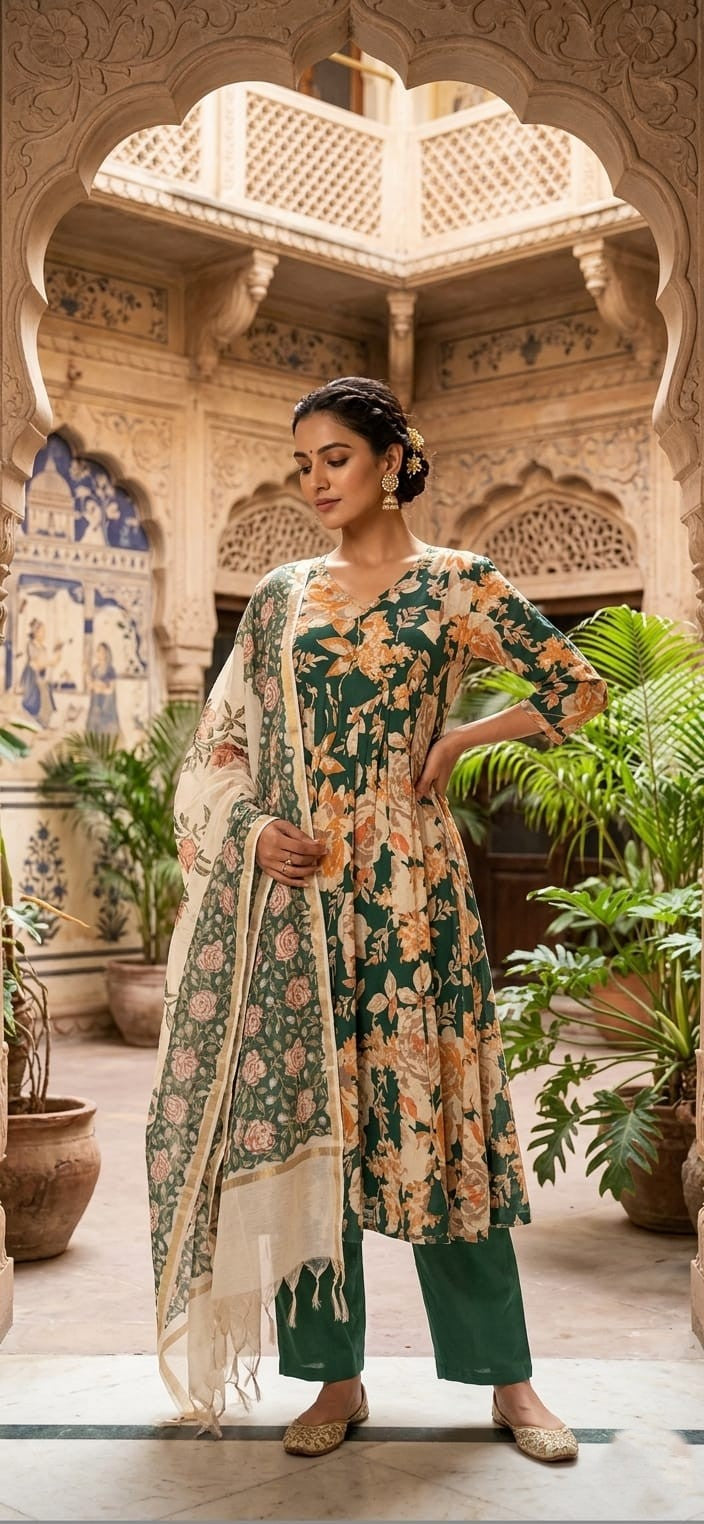 Anarkali cotton kurta set with dupatta (Floral Dark Green)