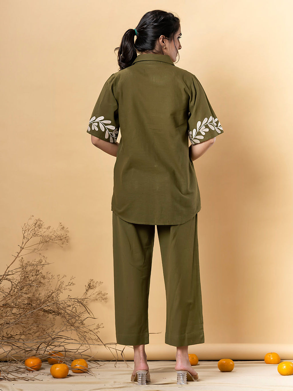 Shirt style cotton flex olive color co-ord set