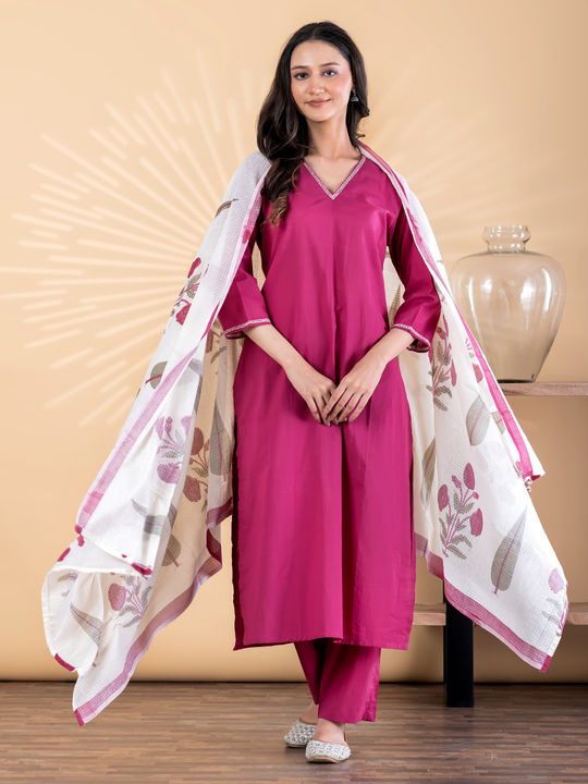 Straight style cotton kurta with dupatta (magenta)