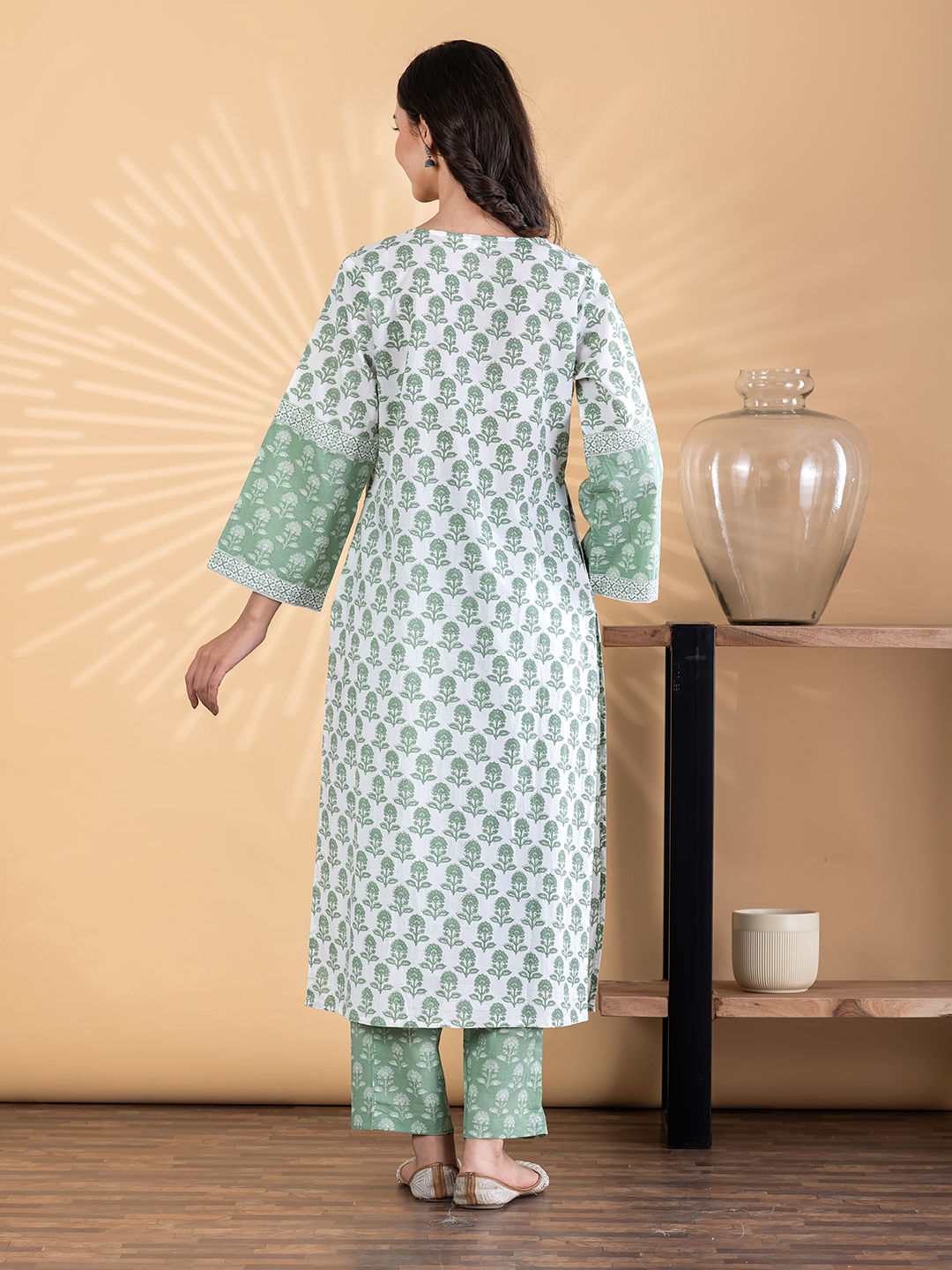 Straight style poly cotton green kurta set