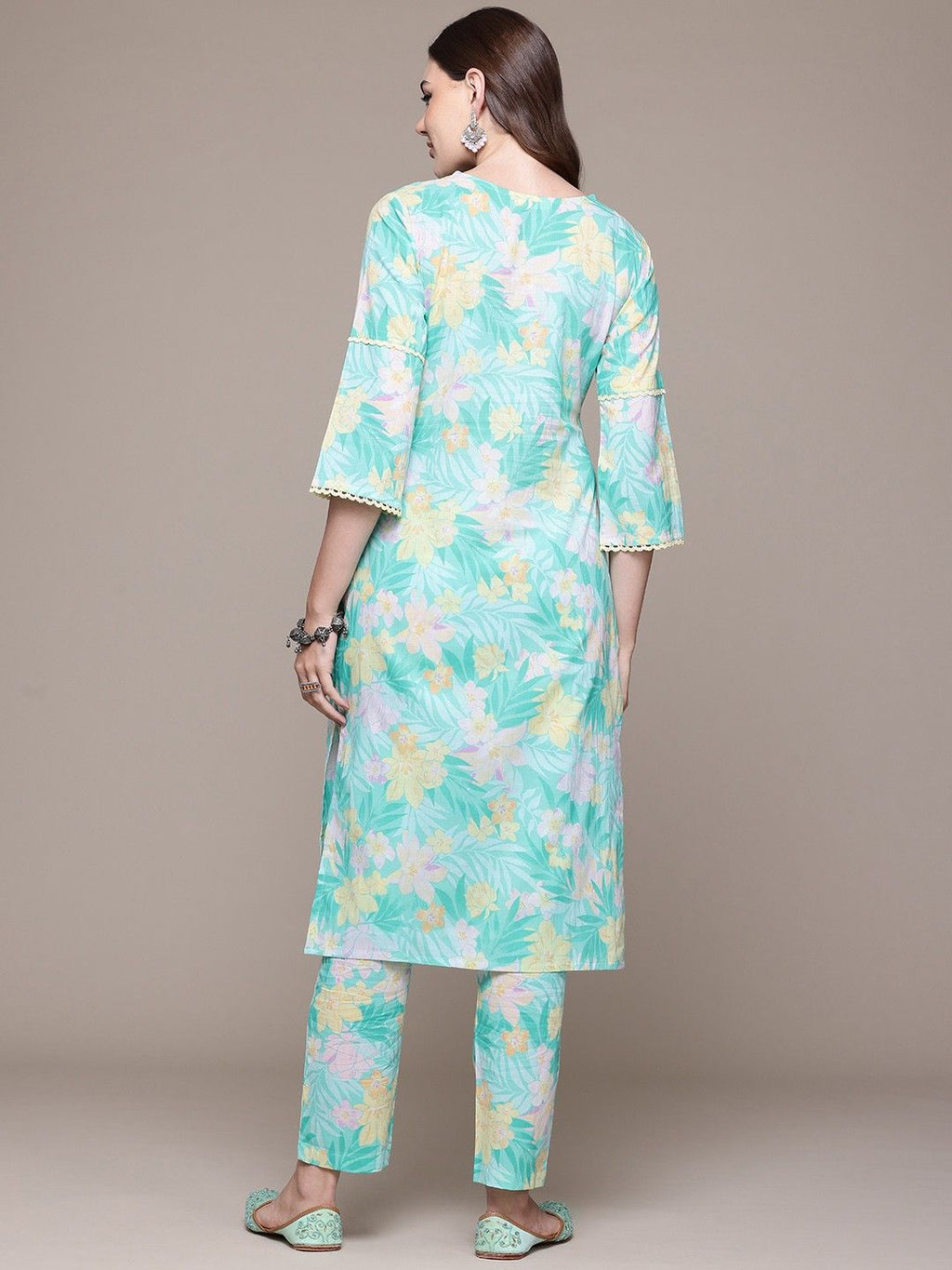 Straight style cotton sea green kurta set