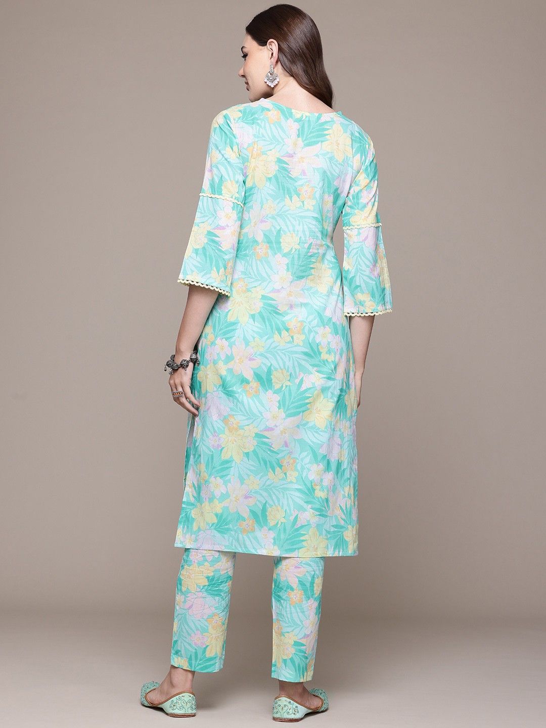 Straight style cotton sea green kurta set