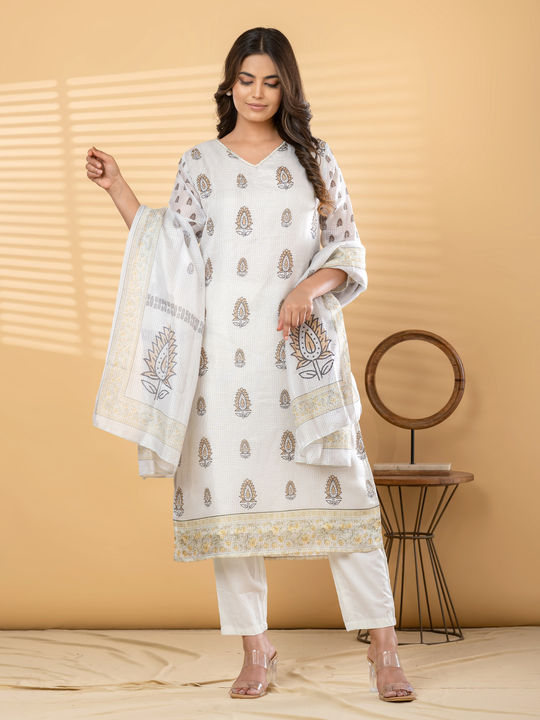 Straight style kota-doria off white kurta set with dupatta
