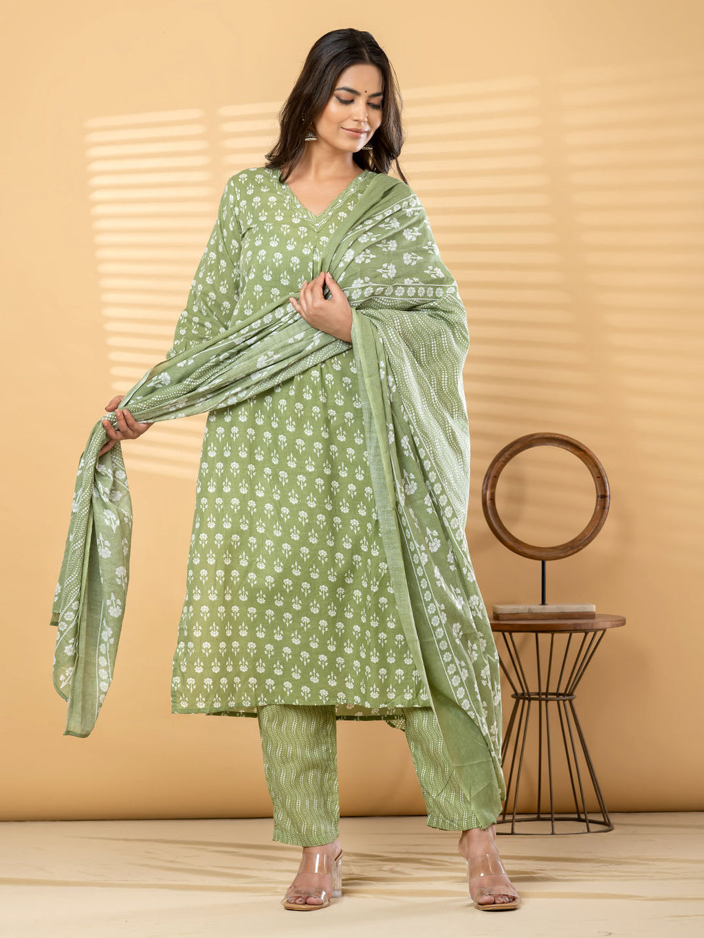 Straight style cotton green kurta set with dupatta