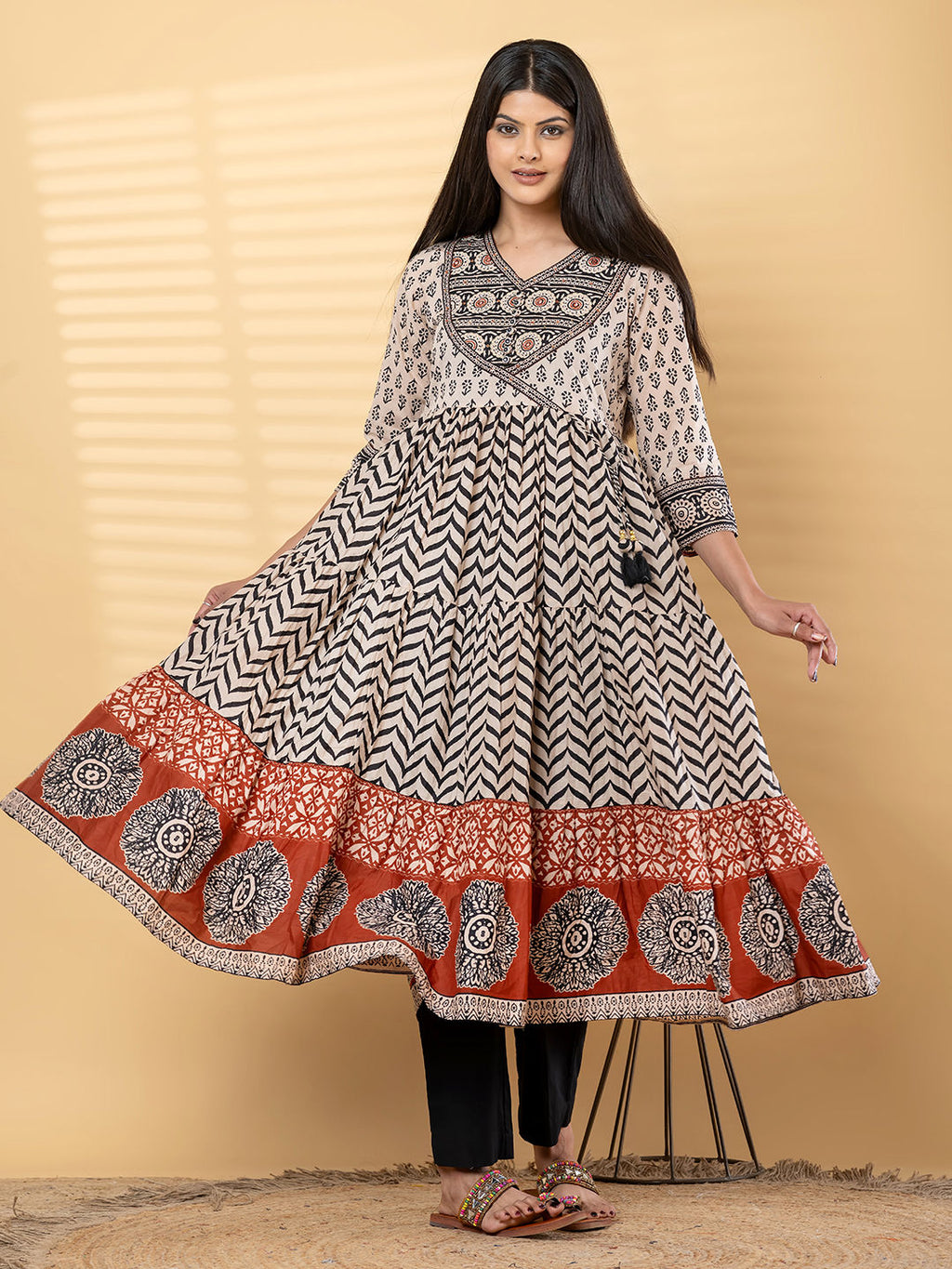 Anarkali cotton kurta with dupatta (Black and White)
