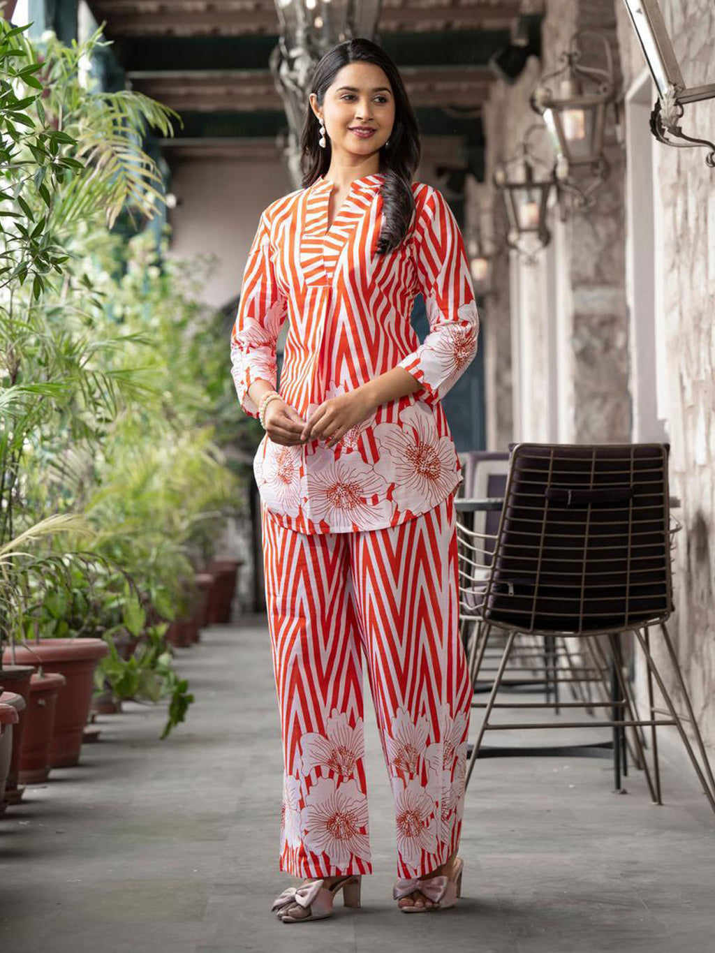 Curved style cotton red co-ord set