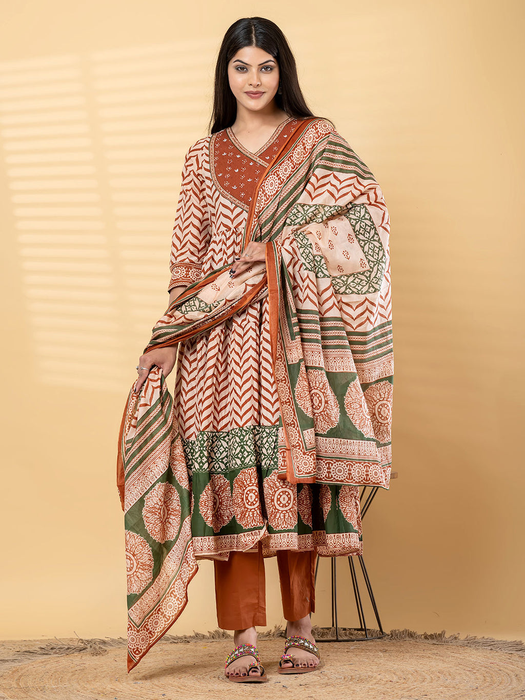 Anarkali cotton kurta with dupatta (Orange)
