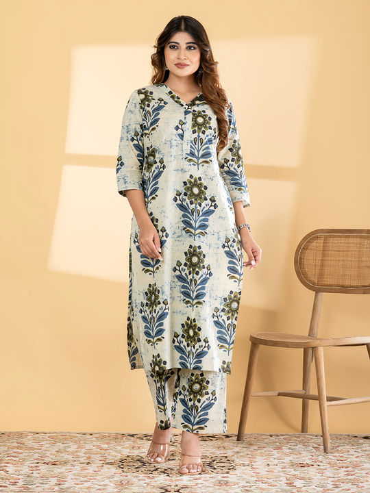 Straight style cotton blue kurta set