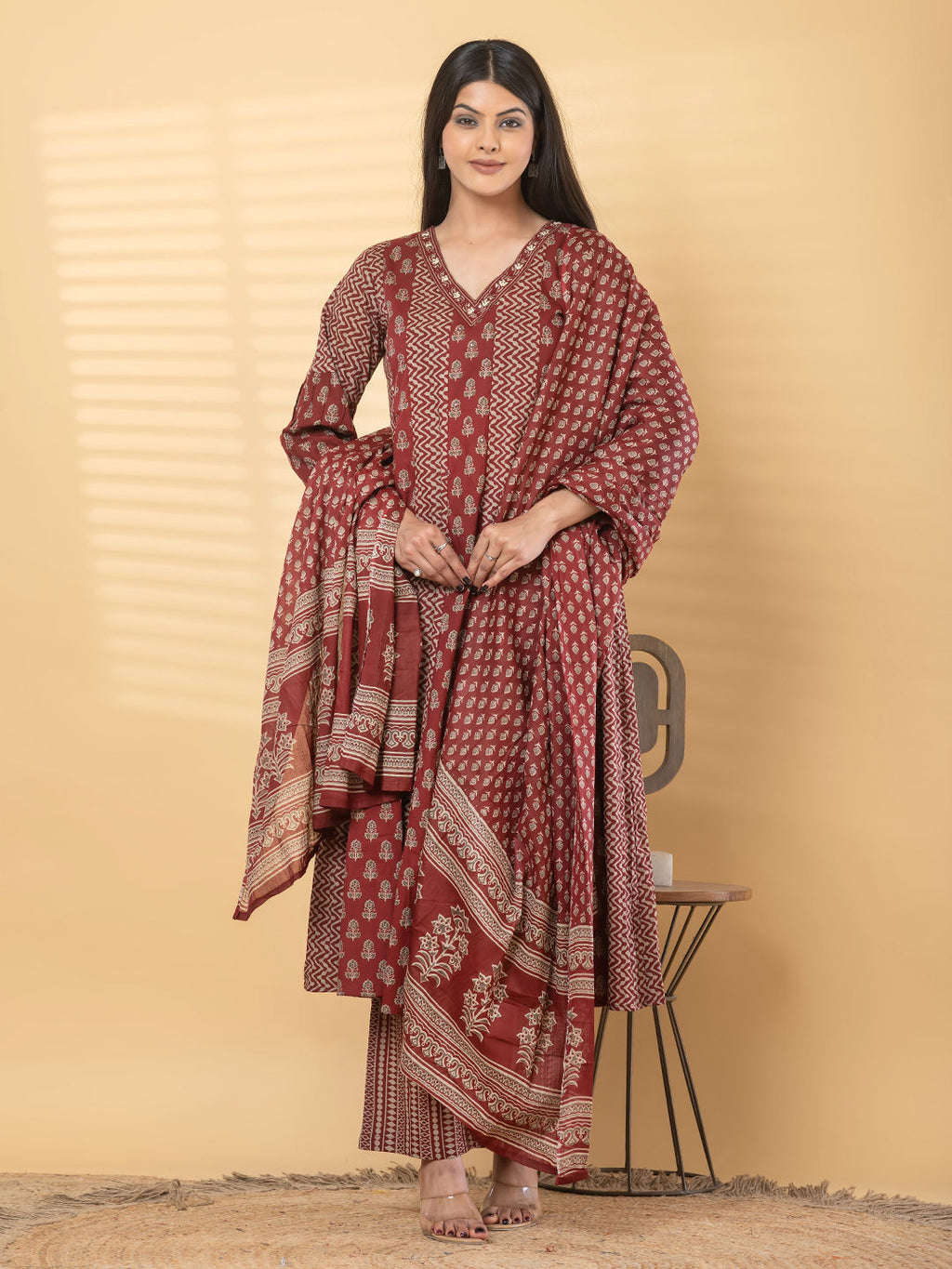 Anarkali cotton kurta with dupatta (Maroon)