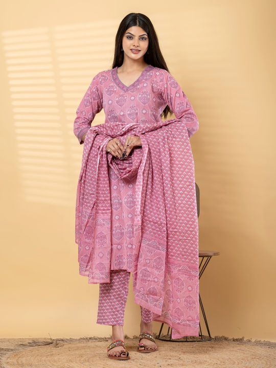 Straight style cotton kurta with dupatta (Pink)