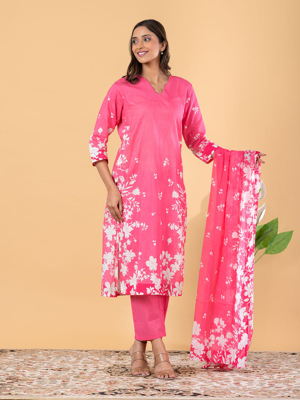 Straight style cotton pink kurta set with dupatta
