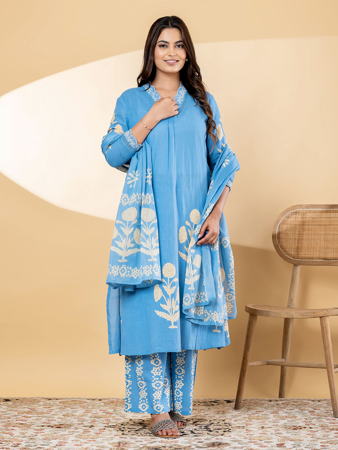 Straight style blue kurta set with dupatta