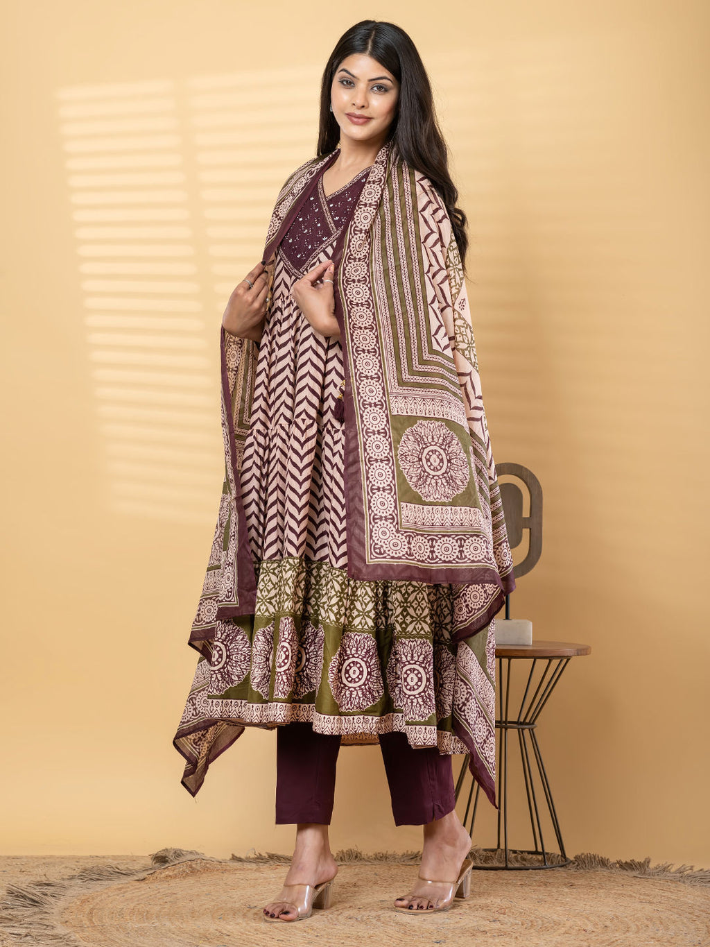 Anarkali cotton kurta with dupatta (Maroon)