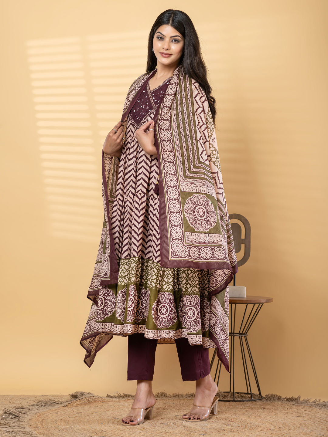Anarkali cotton kurta with dupatta (Maroon)