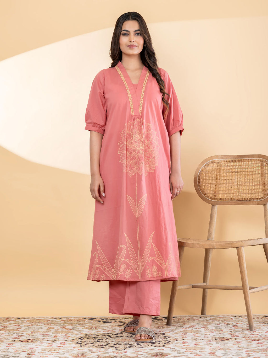 A line style cotton pink kurta set