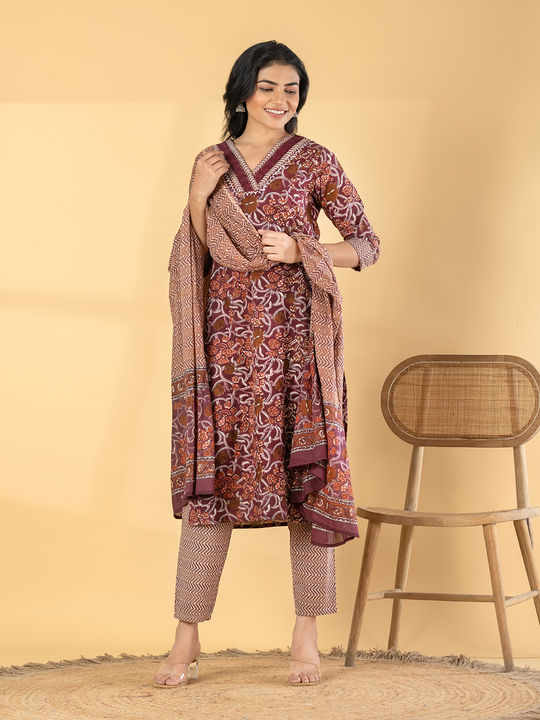 Straight style cotton maroon kurta with dupatta