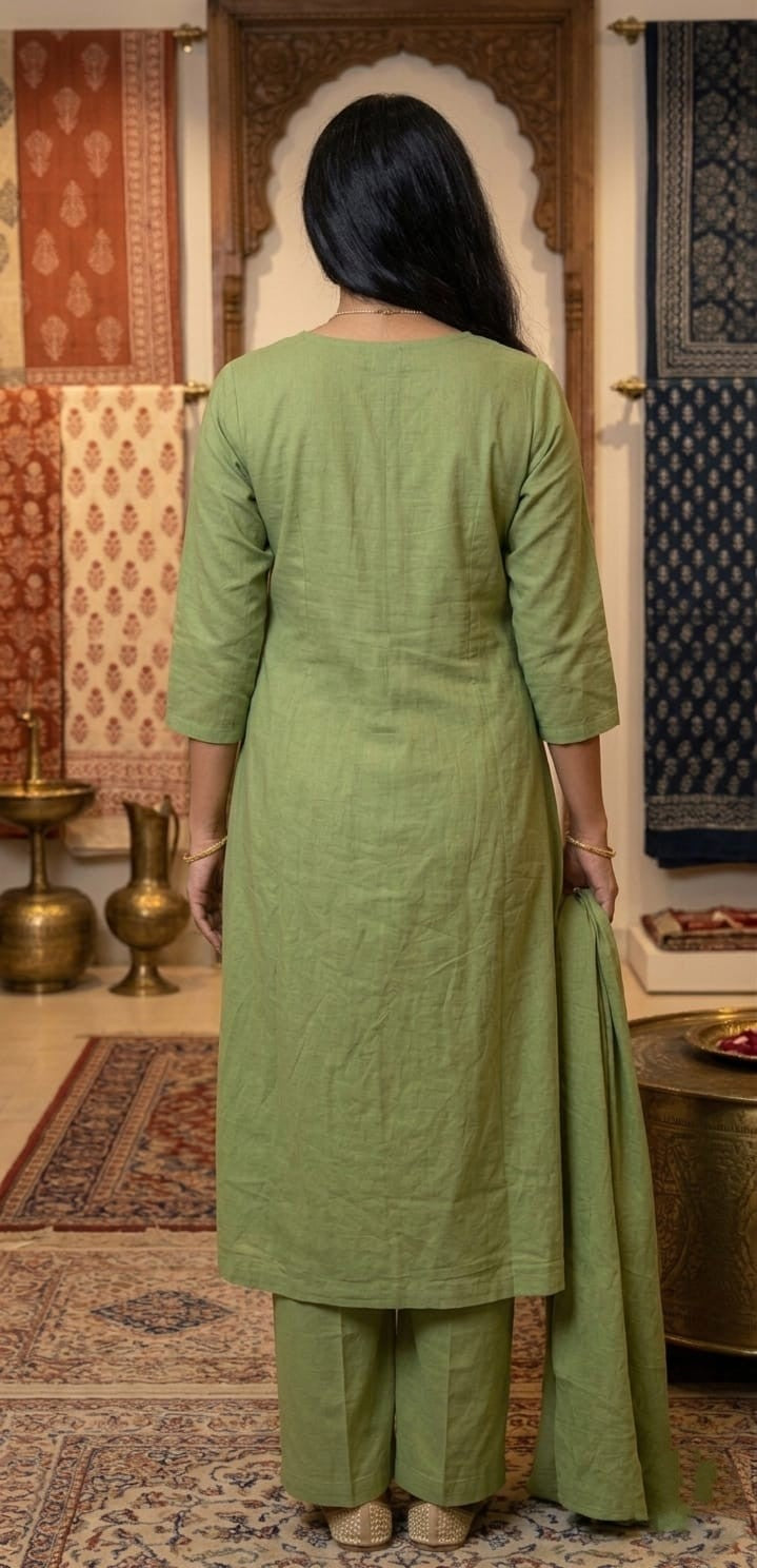 Green A-Line Mull Cotton Kurta Set with Dupatta