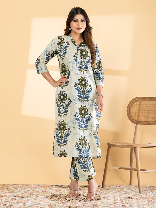 Straight style cotton blue kurta set