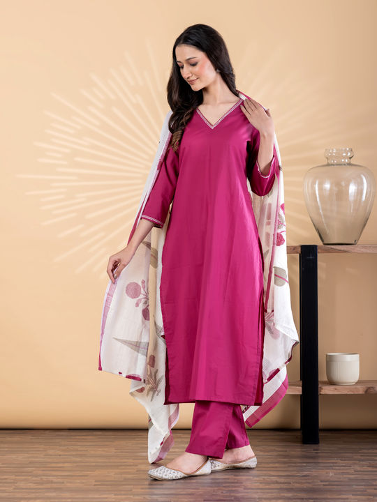 Straight style cotton kurta with dupatta (magenta)