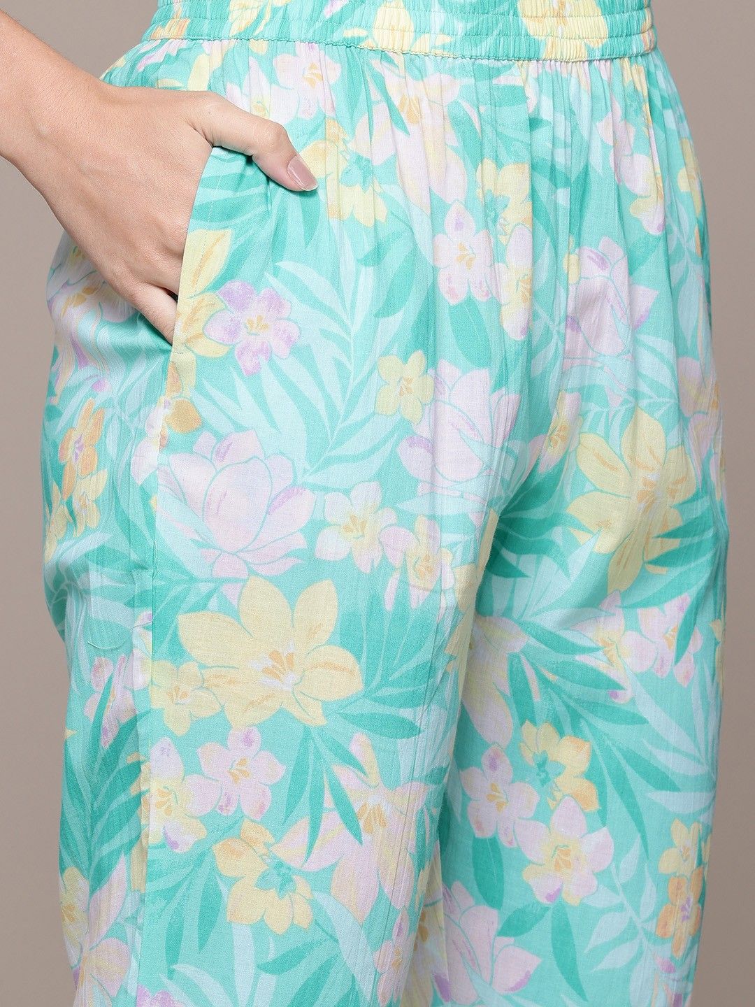 Straight style cotton sea green kurta set