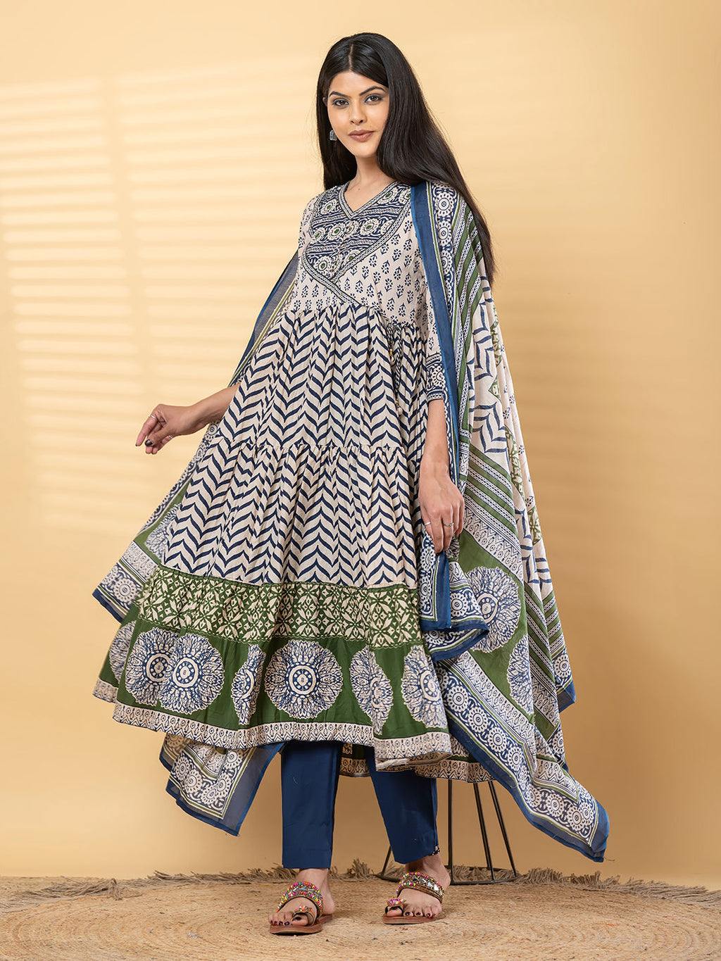 Anarkali cotton kurta with dupatta (Blue)