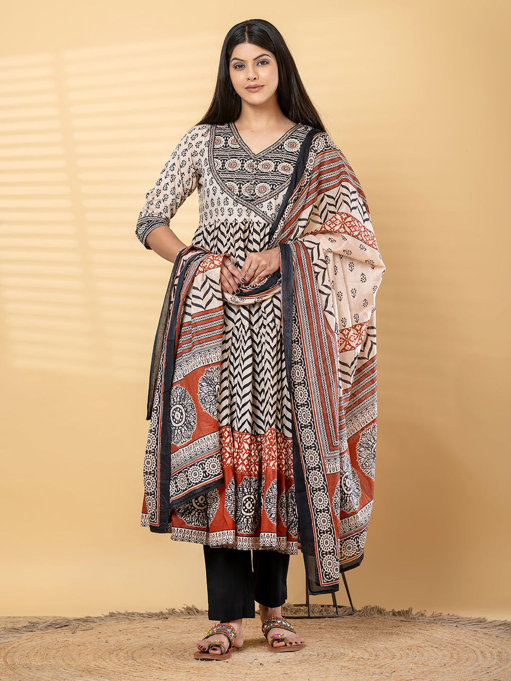 Anarkali cotton kurta with dupatta (Black and White)