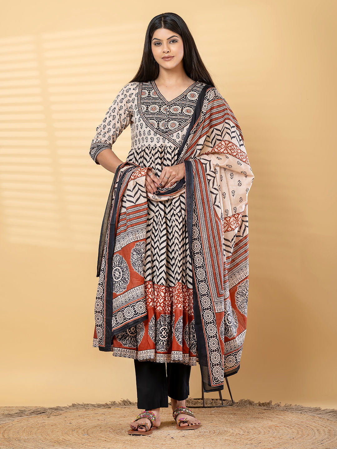 Anarkali cotton kurta with dupatta (Black and White)