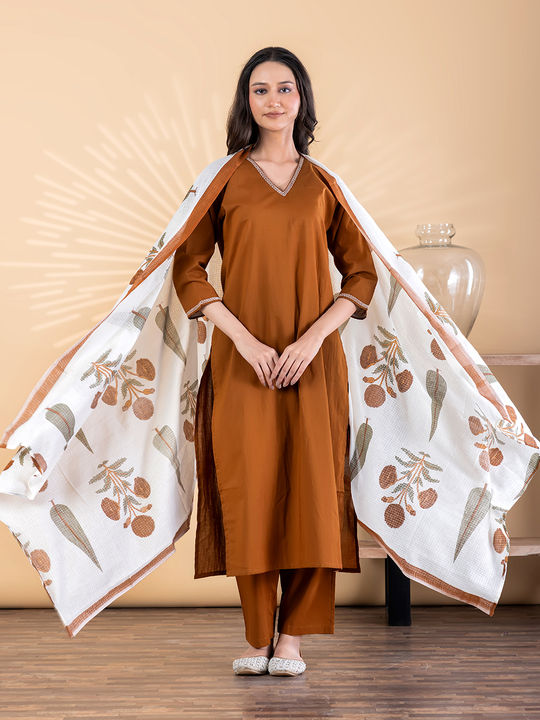 Straight style cotton kurta with dupatta (Brown)