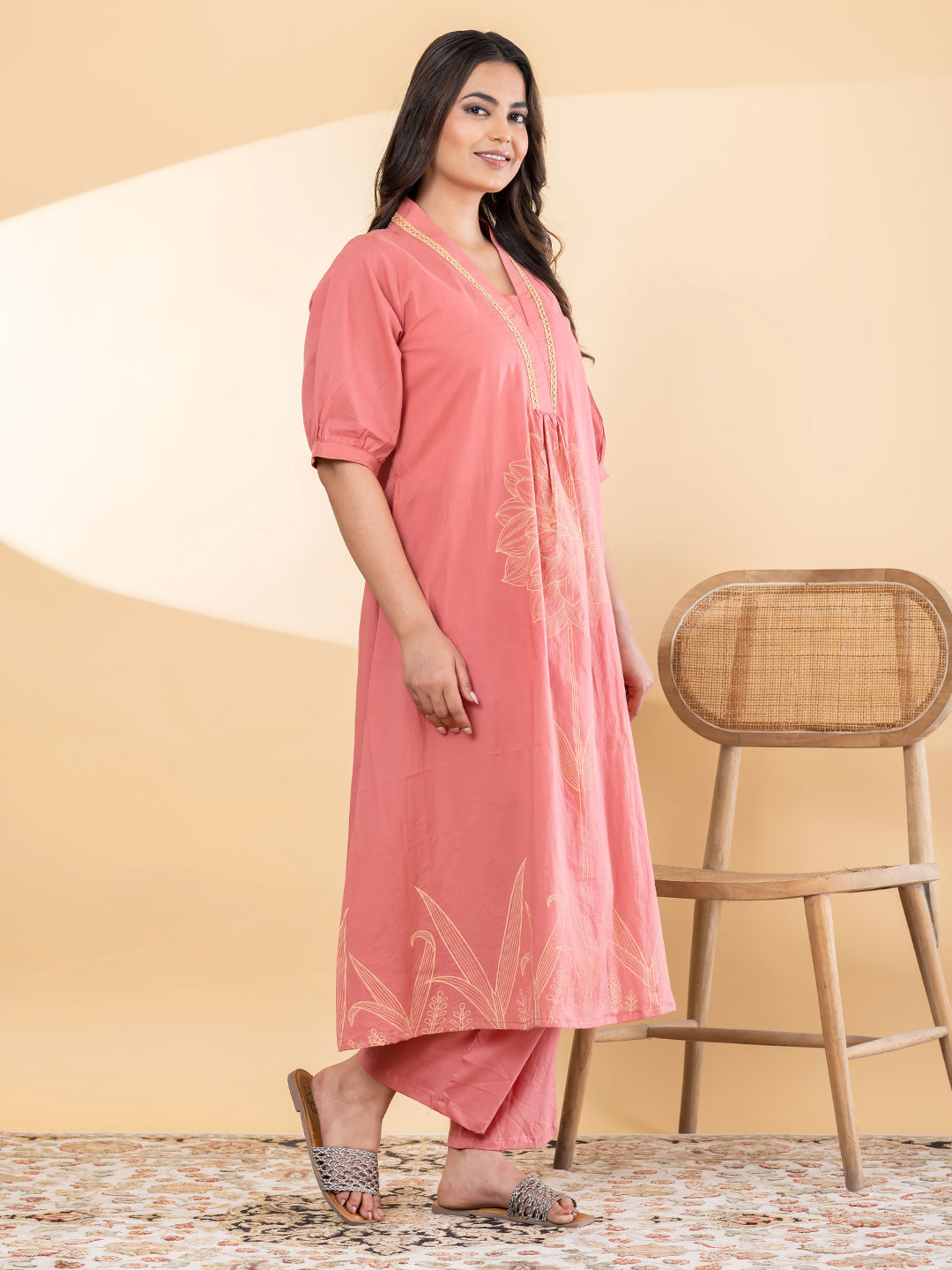 A line style cotton pink kurta set