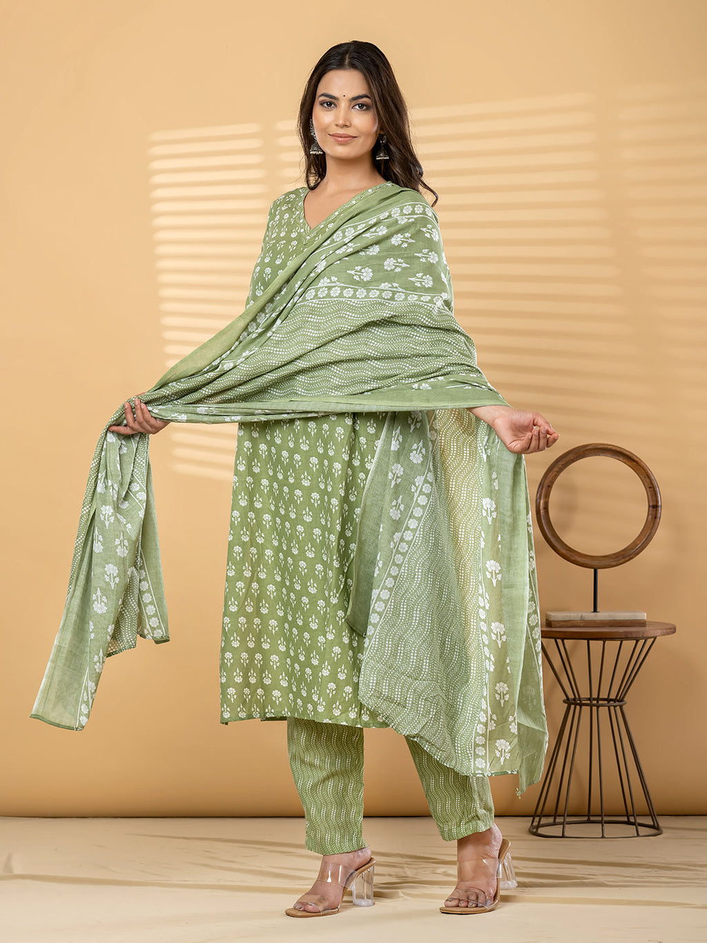 Straight style cotton green kurta set with dupatta