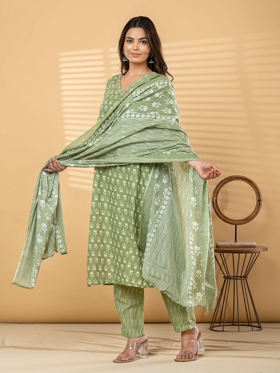 Straight style cotton green kurta set with dupatta