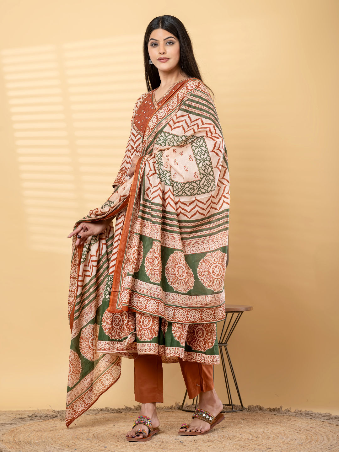 Anarkali cotton kurta with dupatta (Orange)