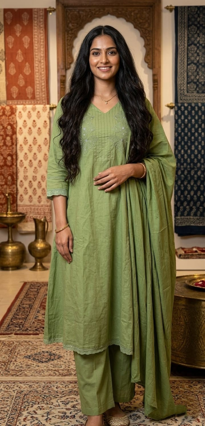 Green A-Line Mull Cotton Kurta Set with Dupatta