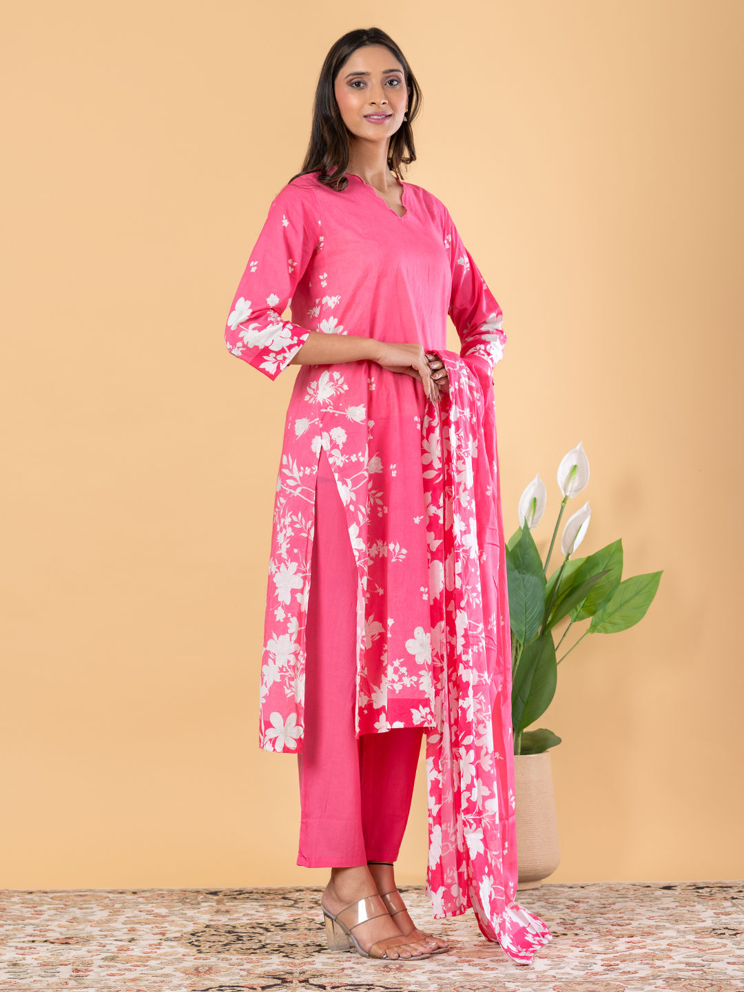 Straight style cotton pink kurta set with dupatta