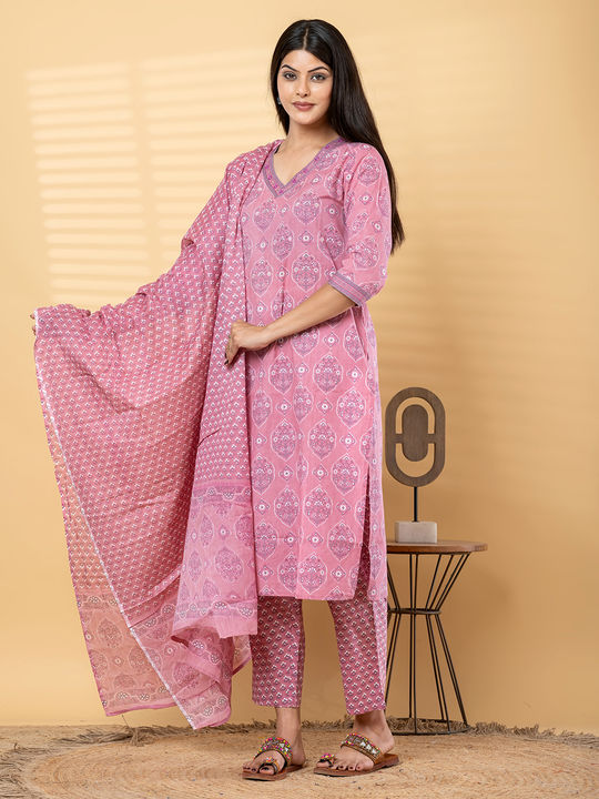 Straight style cotton kurta with dupatta (Pink)