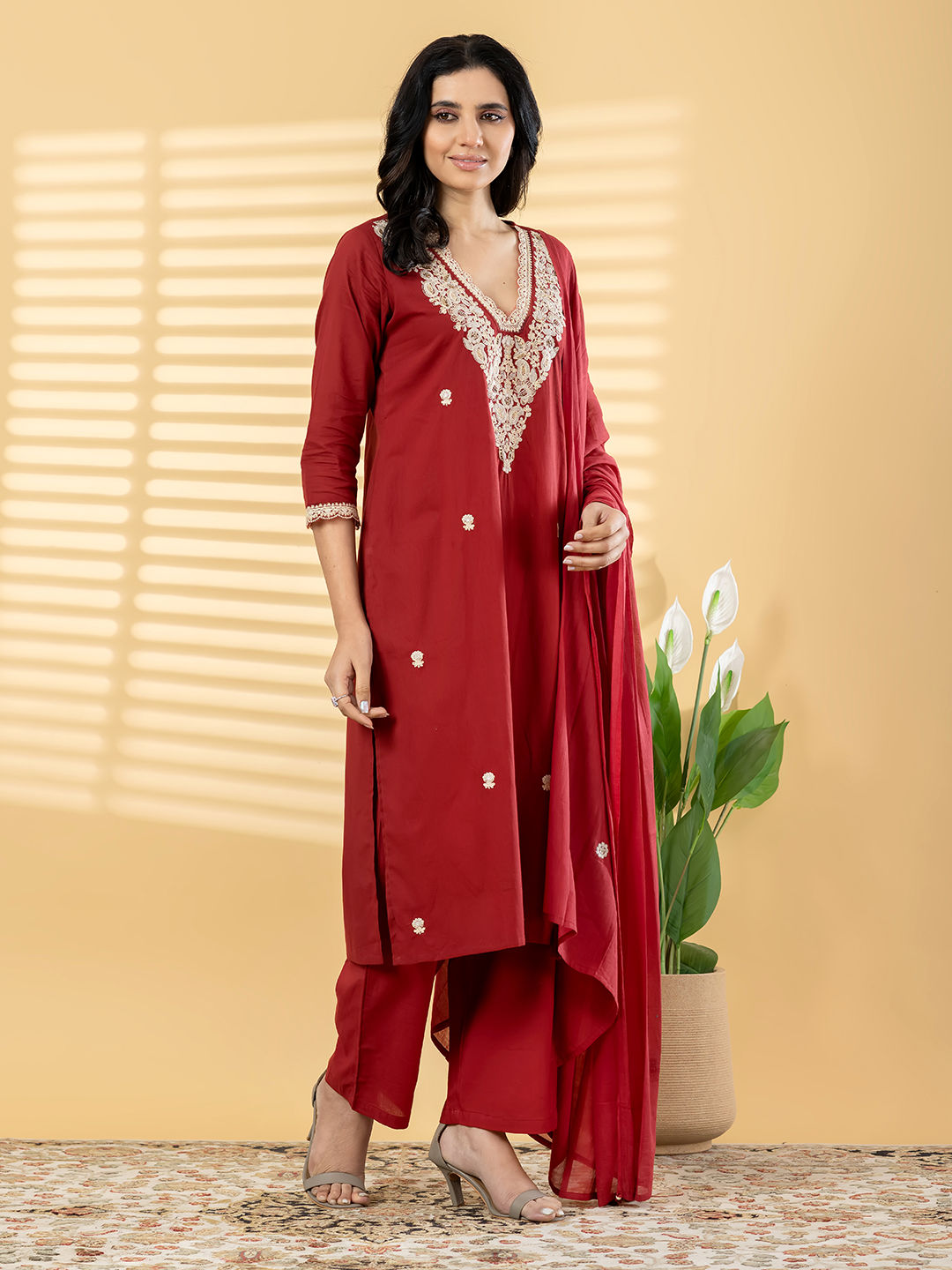 Straight style maroon kurta set with Dupatta