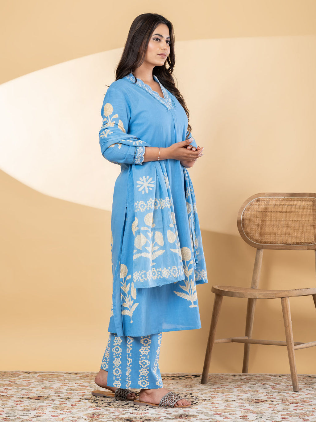 Straight style blue kurta set with dupatta