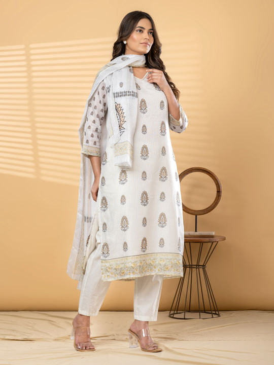 Straight style kota-doria off white kurta set with dupatta