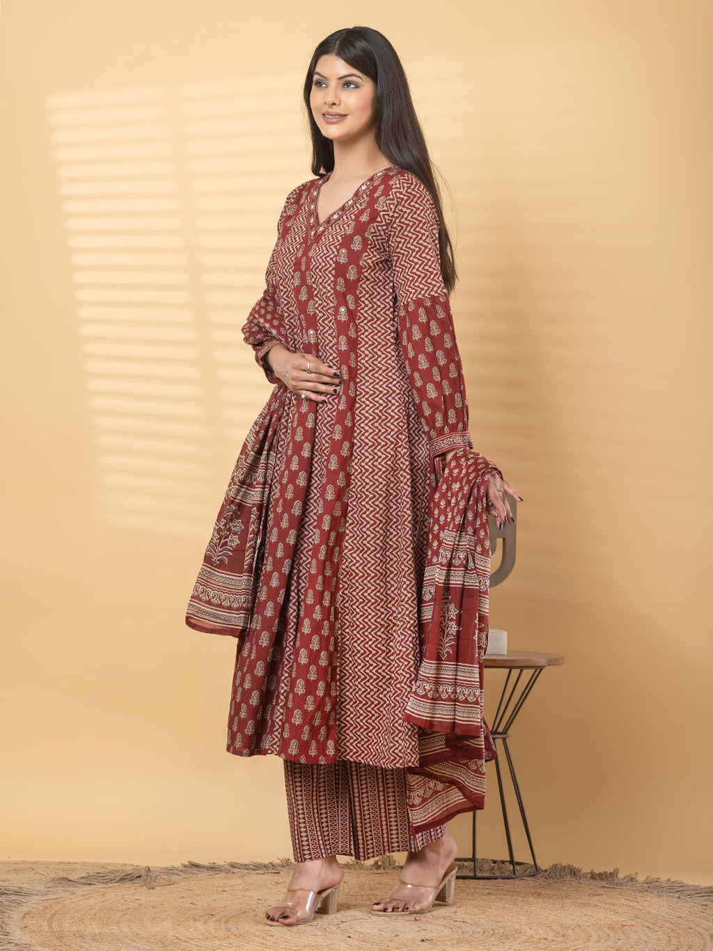 Anarkali cotton kurta with dupatta (Maroon)
