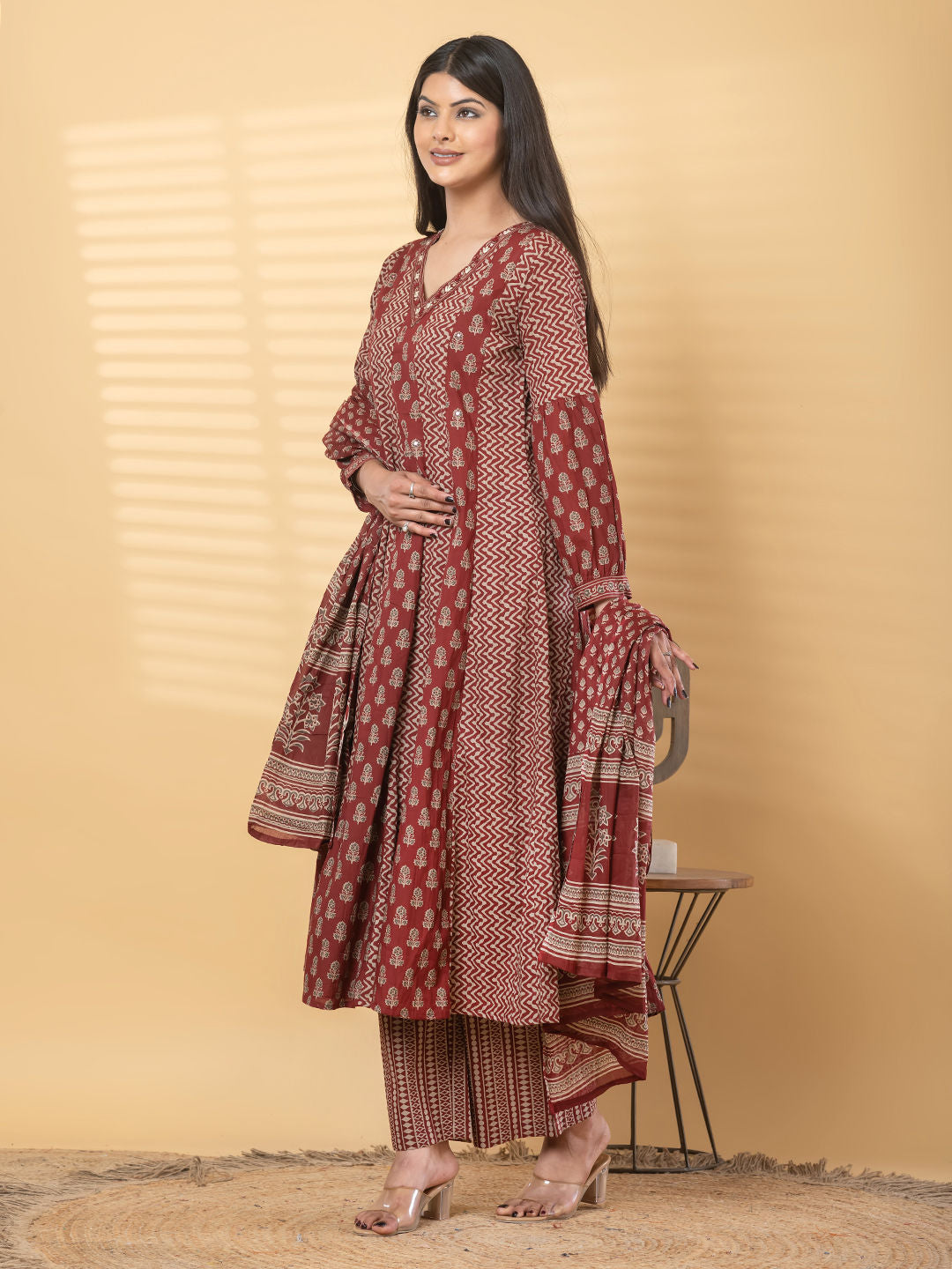 Anarkali cotton kurta with dupatta (Maroon)