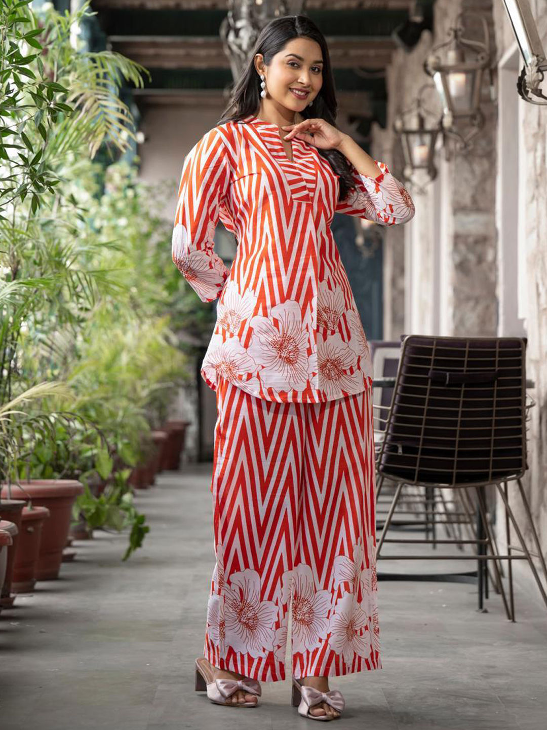 Curved style cotton red co-ord set