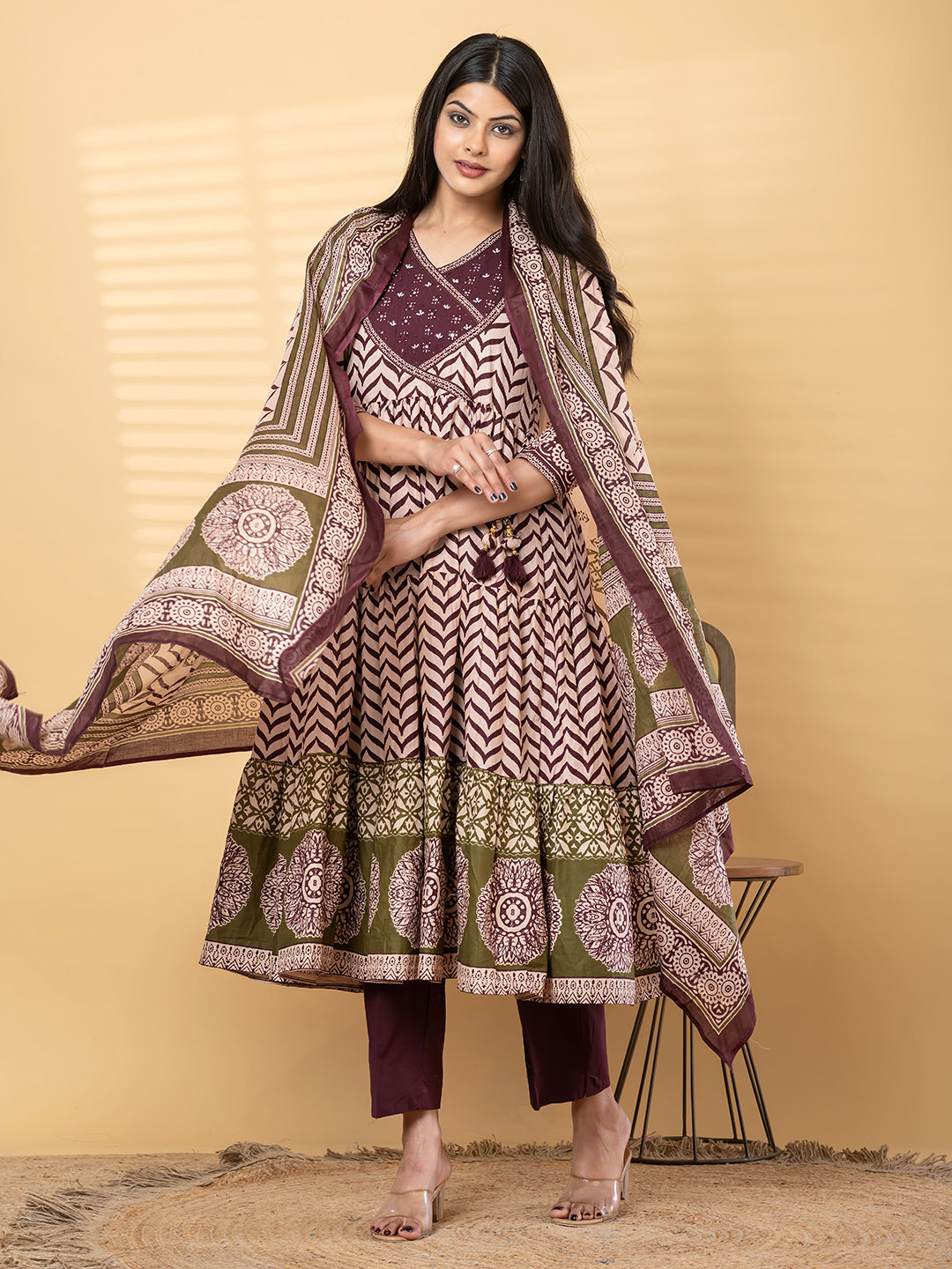 Anarkali cotton kurta with dupatta (Maroon)