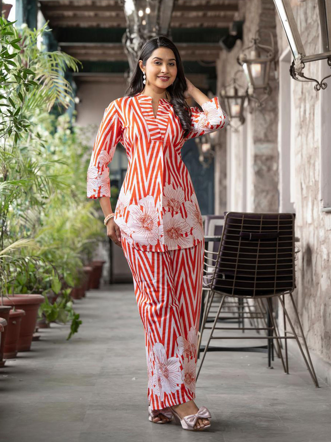 Curved style cotton red co-ord set